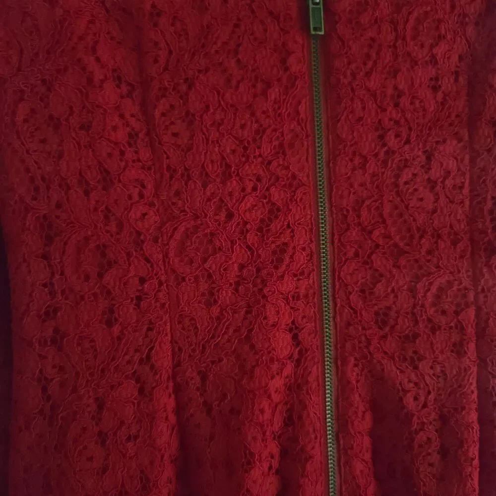 Cache Red Lace Midi Sheath Dress Size 10 Cocktail Party Eyelash Trim Full Zip